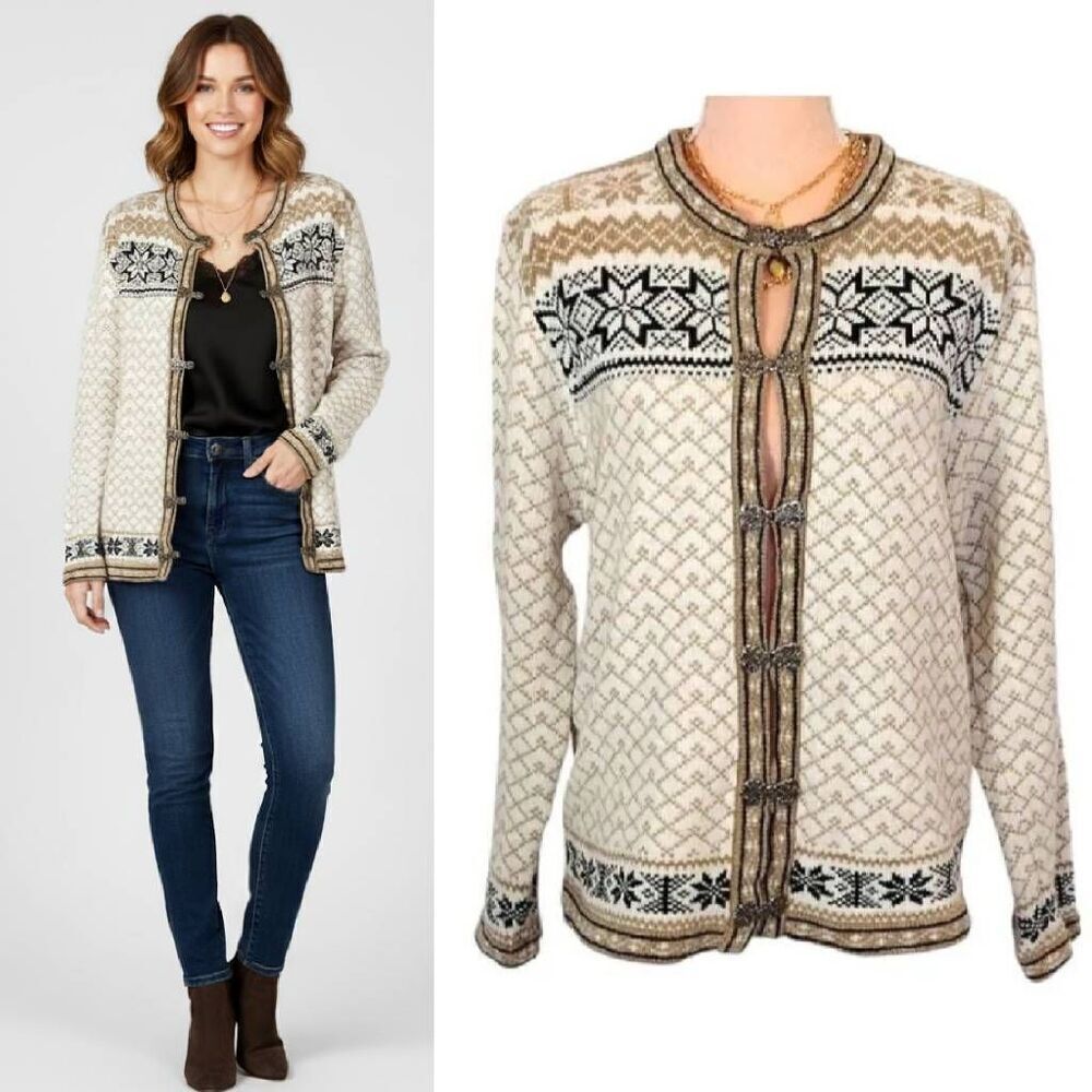 VTG C&B Fair Isle Nordic Cardigan‎ Sweater L Hook Clasp Grandmacore